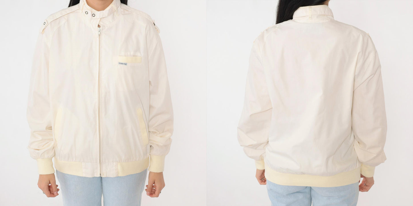 80s Cafe Racer Jacket Ivory Bomber Windbreaker Yellow Trim Epaulette Large L