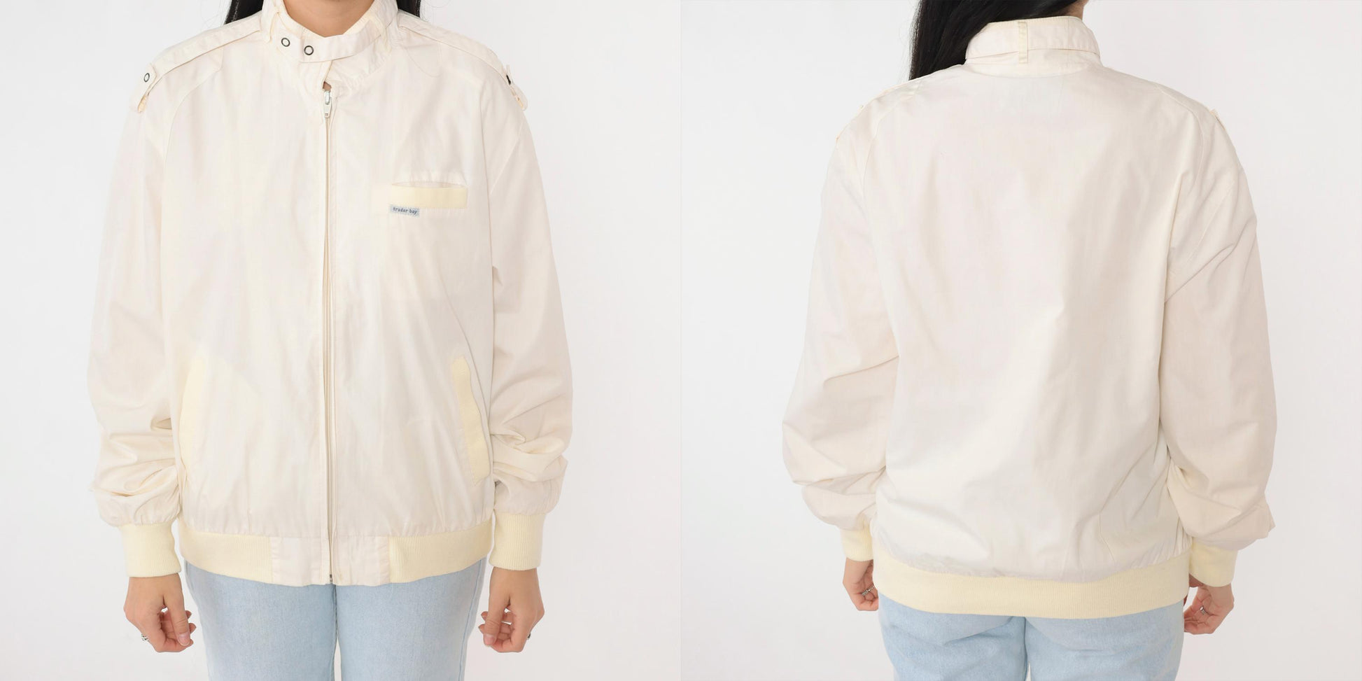 80s Cafe Racer Jacket Ivory Bomber Windbreaker Yellow Trim Epaulette Large L