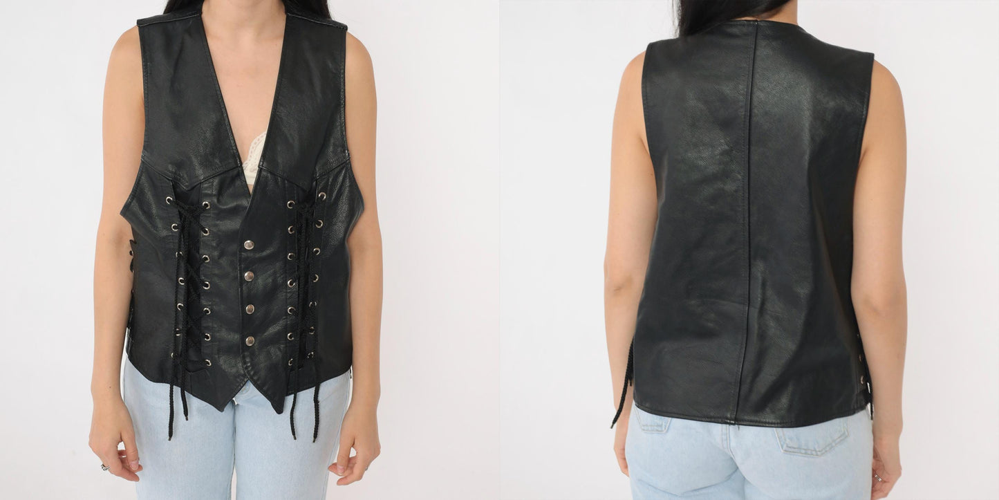 90s Black Leather Lace-Up Vest V-Neck Snap Button Sleeveless Small