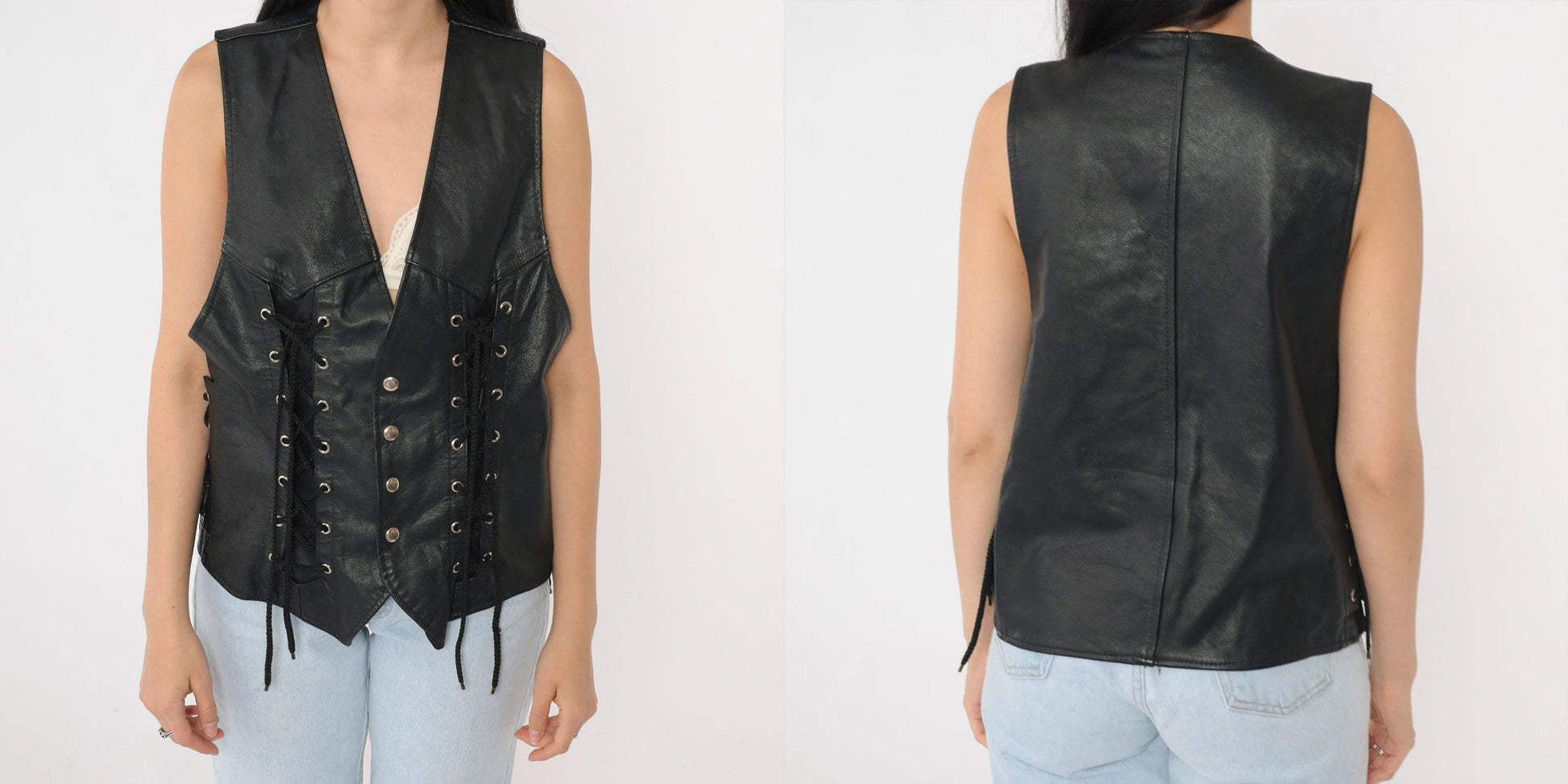 90s Black Leather Lace-Up Vest V-Neck Snap Button Sleeveless Small