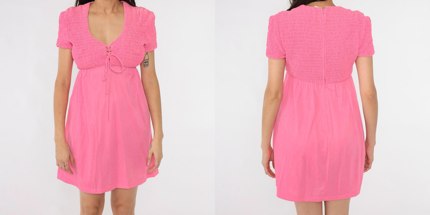 60s Babydoll Dress Bright Pink Smocked Empire Waist Mini Short Sleeve Small