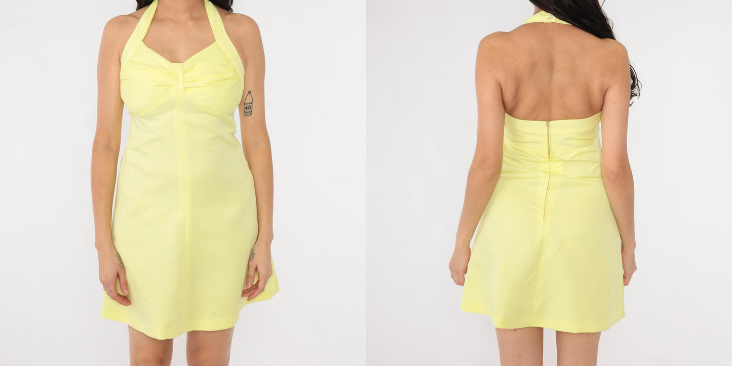 70s Yellow Halter Mini Dress Empire Waist Disco Small