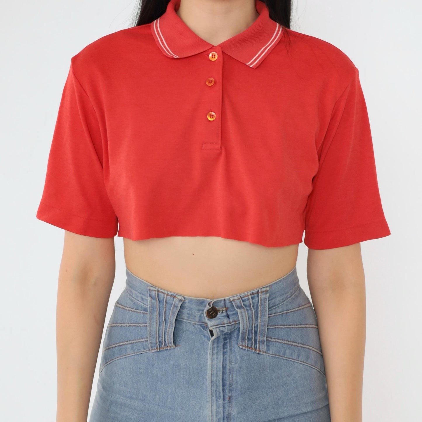80s Cougar Golf Polo Crop Top Red White Stripe Raw Hem Small S