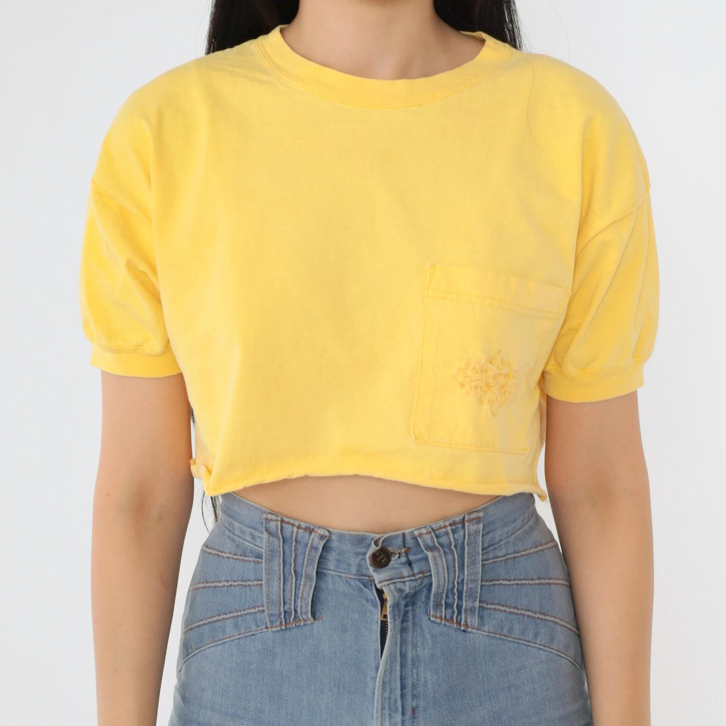 90s Yellow Crop Top Embroidered Pocket T-Shirt Small Medium
