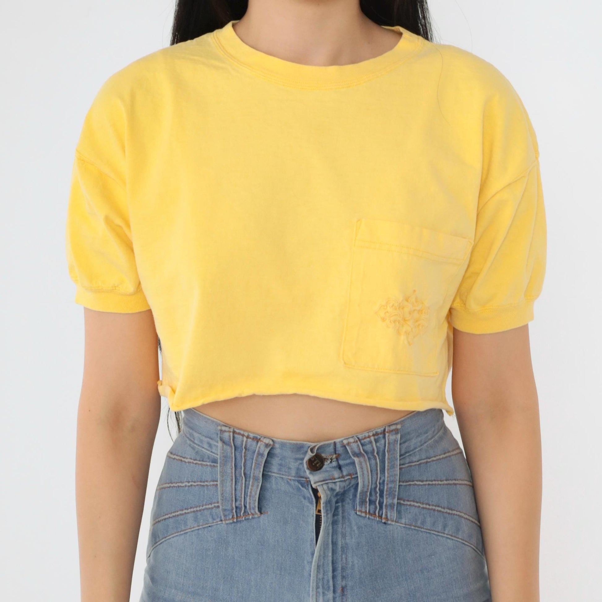 90s Yellow Crop Top Embroidered Pocket T-Shirt Small Medium