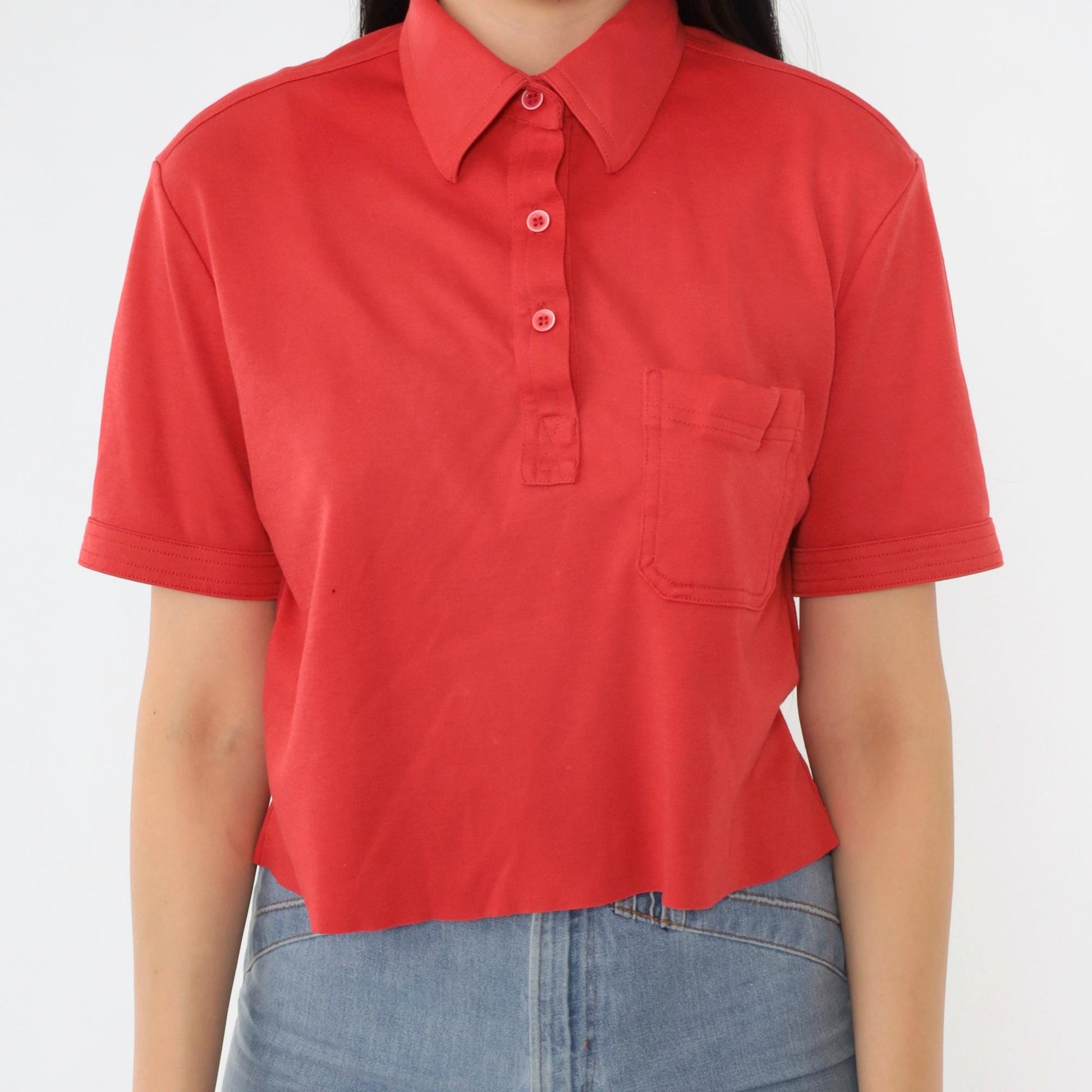 90s Red Polo Shirt Cropped Raw Hem Chest Pocket Medium M
