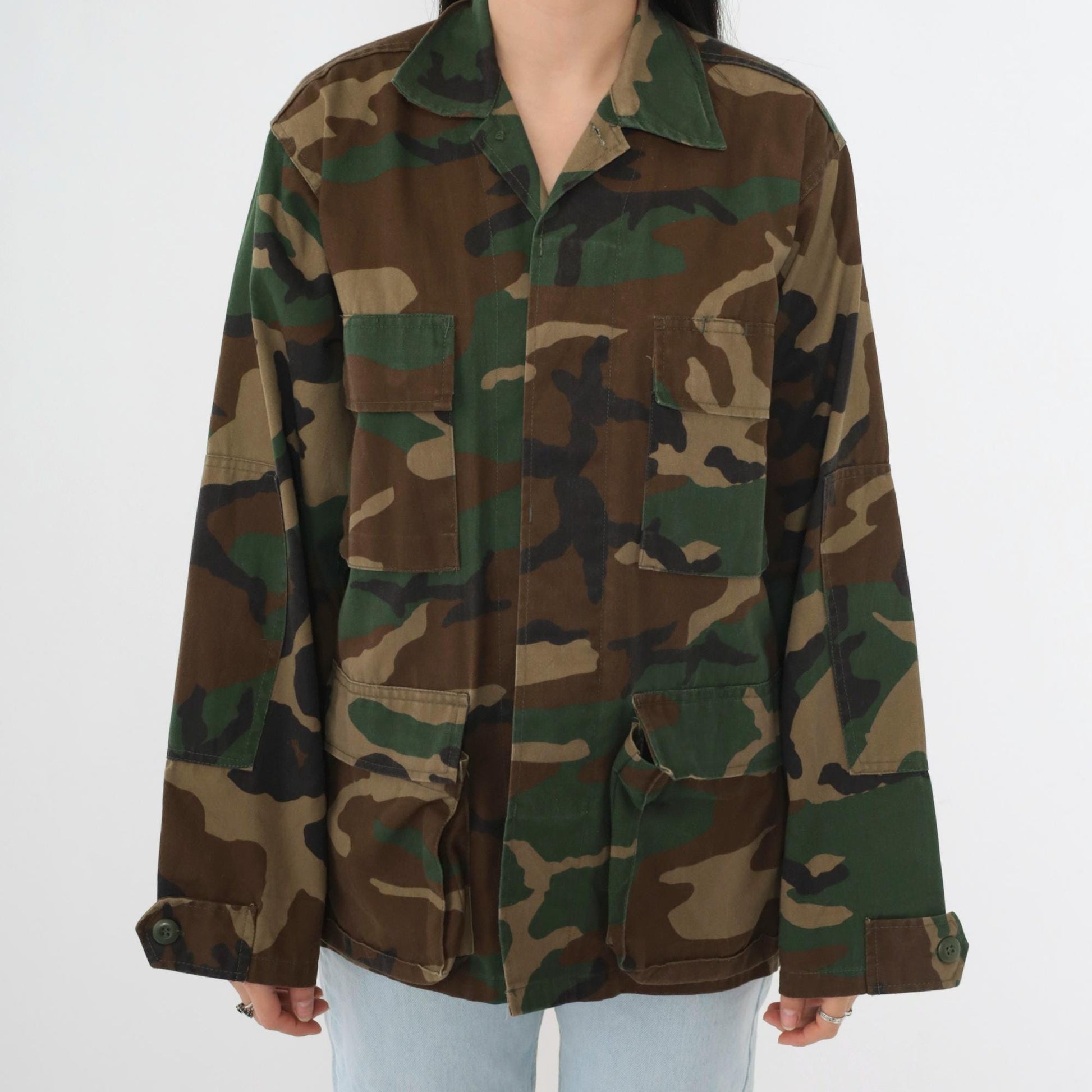 90s Woodland Camouflage Military Jacket Button Front Utility XSmall
