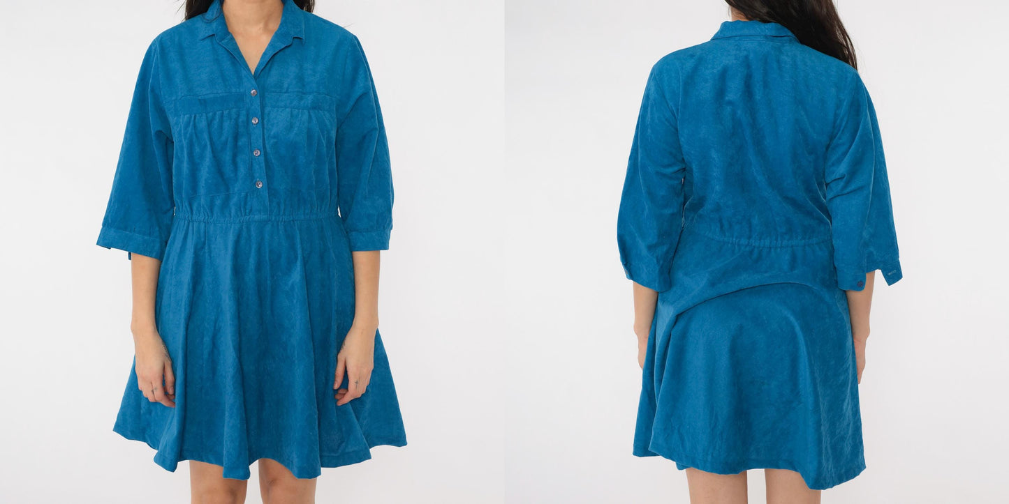 80s Blue Velour Mini Shirtdress High Waist Button Up A-Line Medium