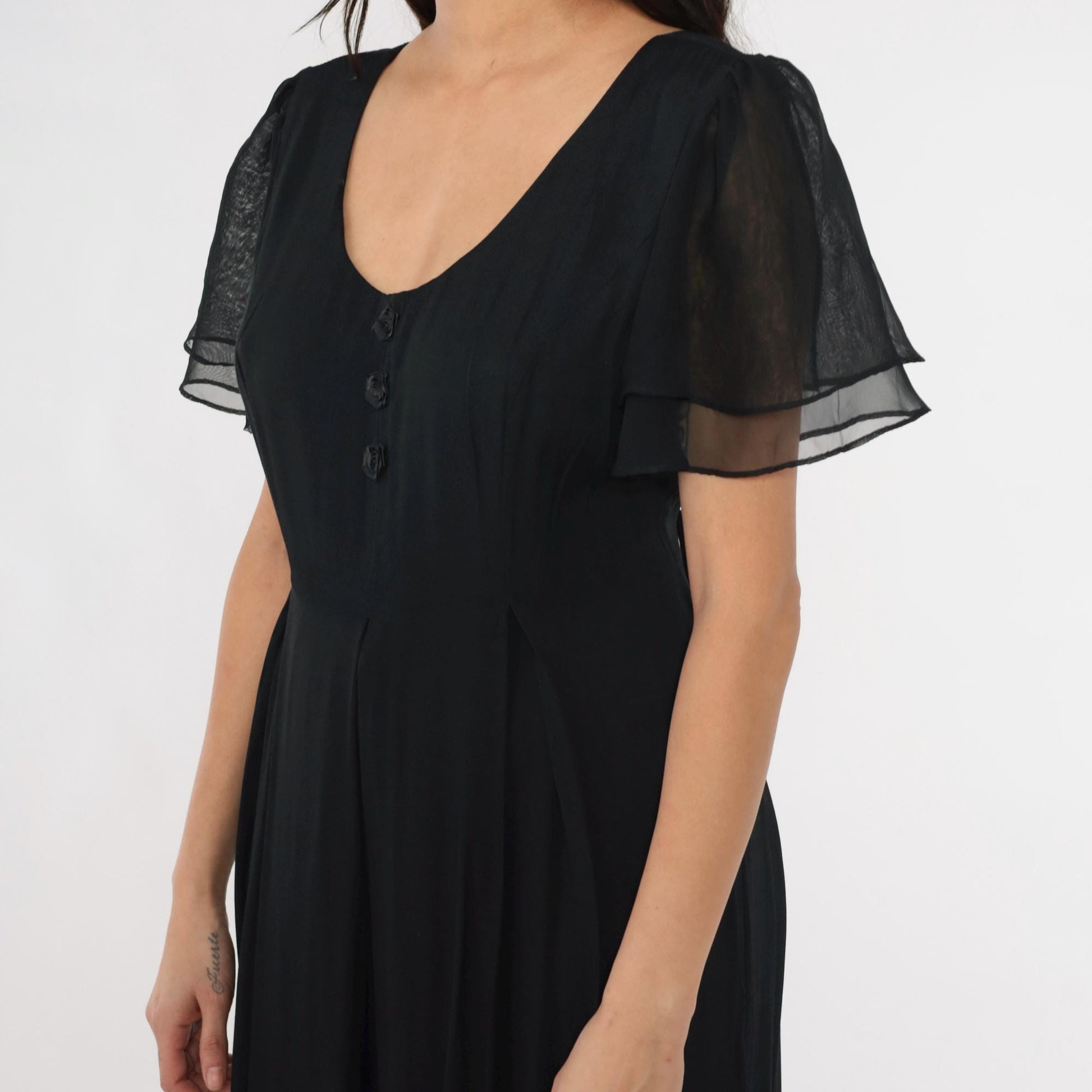 90s Black Wide Leg Jumpsuit Chiffon Flutter Sleeve Scoop Neck Medium M