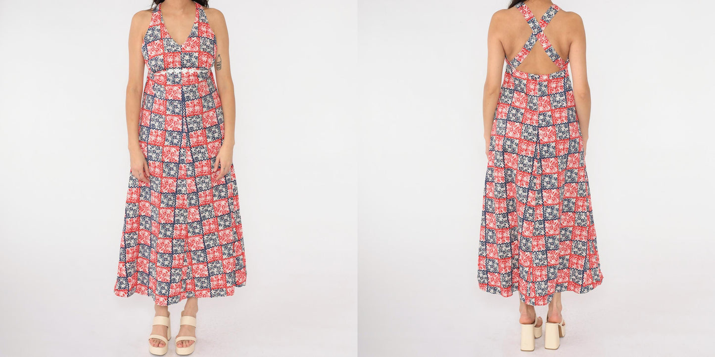 70s Patchwork Floral Maxi Halter Dress Red White Blue Empire Waist Small
