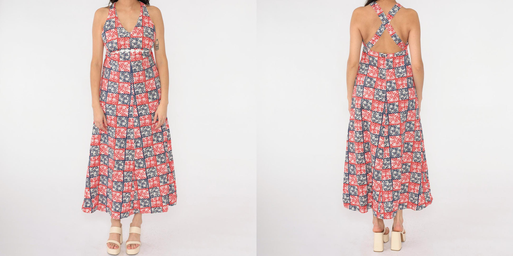 70s Patchwork Floral Maxi Halter Dress Red White Blue Empire Waist Small