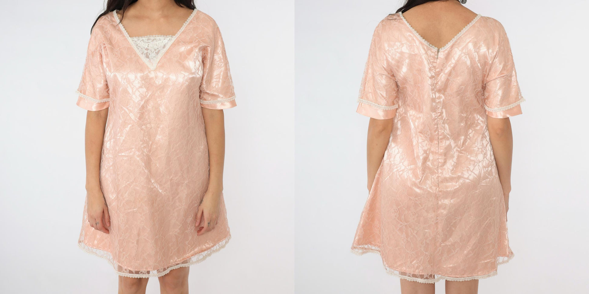 80s Pink Satin Lace Mini Dress Floral Overlay Short Sleeve Medium M