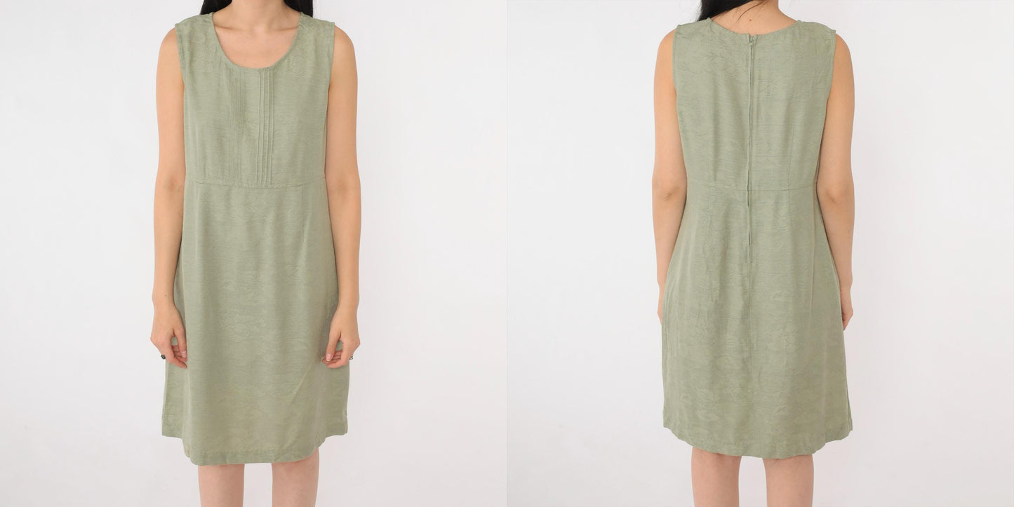 90s Karin Stevens Floral Jacquard Mini Dress Olive Green Sleeveless Small