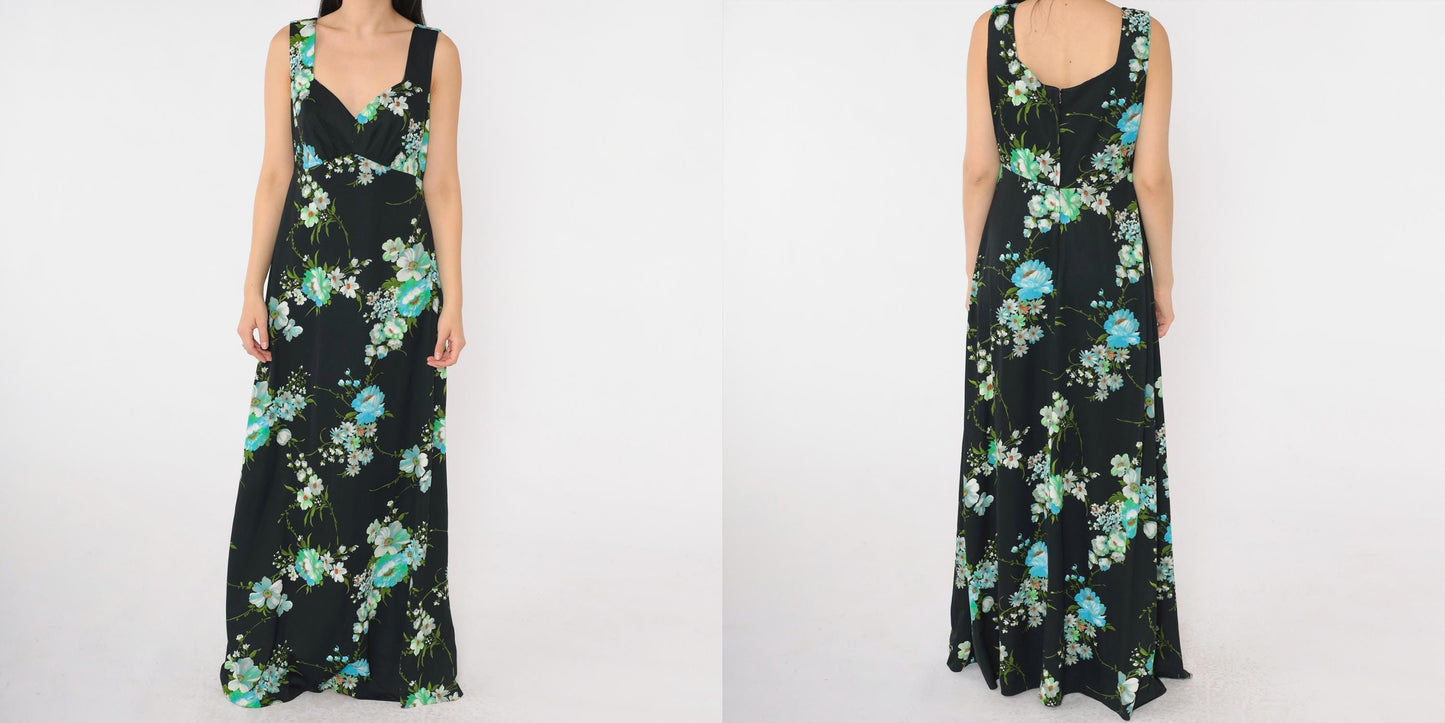 70s Black Floral Maxi Dress Empire Waist Sleeveless Sweetheart Neckline Medium