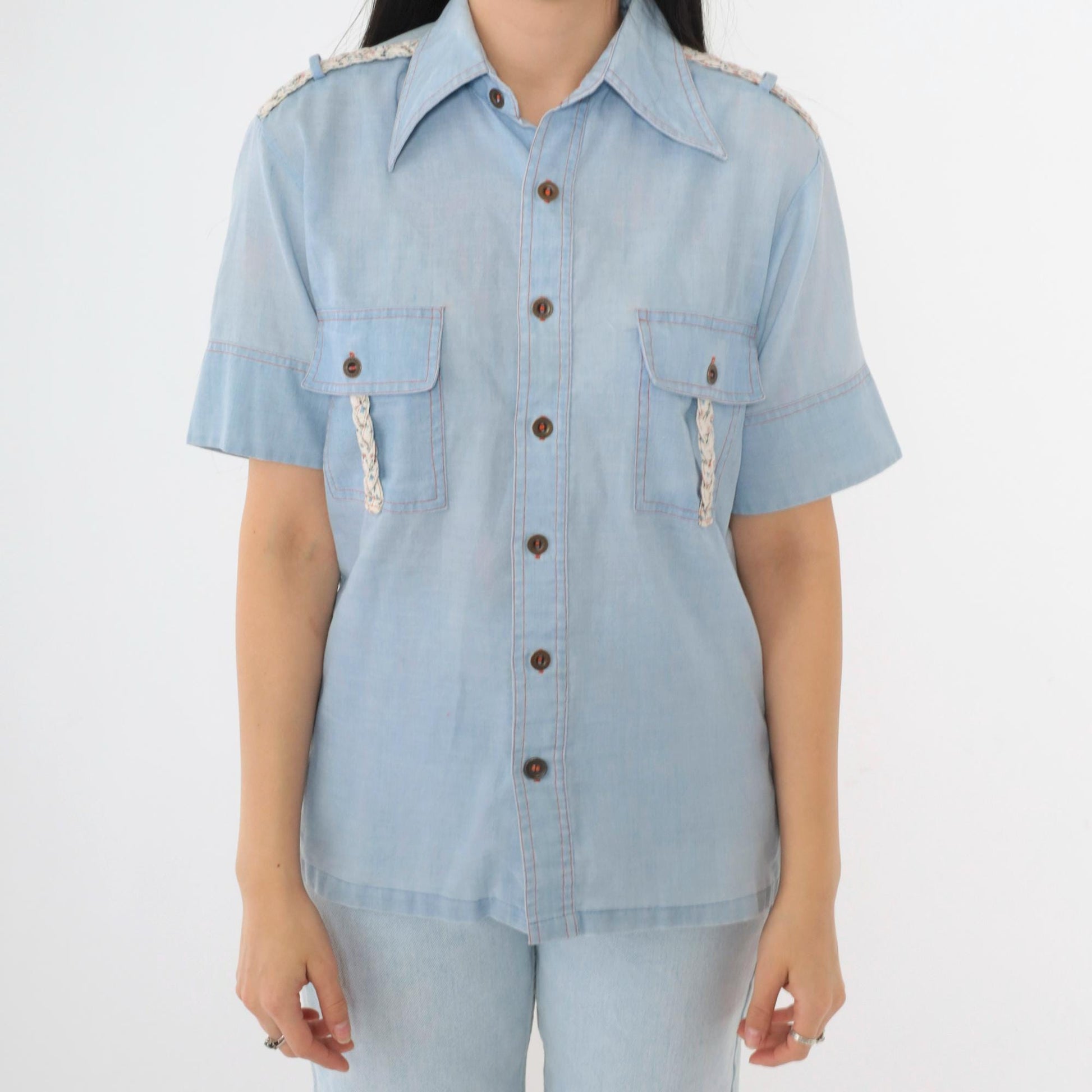 70s Alfie California Chambray Shirt Blue Epaulette Button Up Small