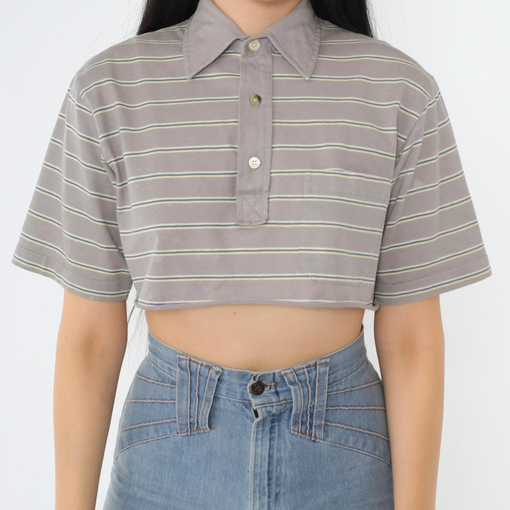 90s Christian Dior Polo Shirt Grey Striped Crop Top Small S