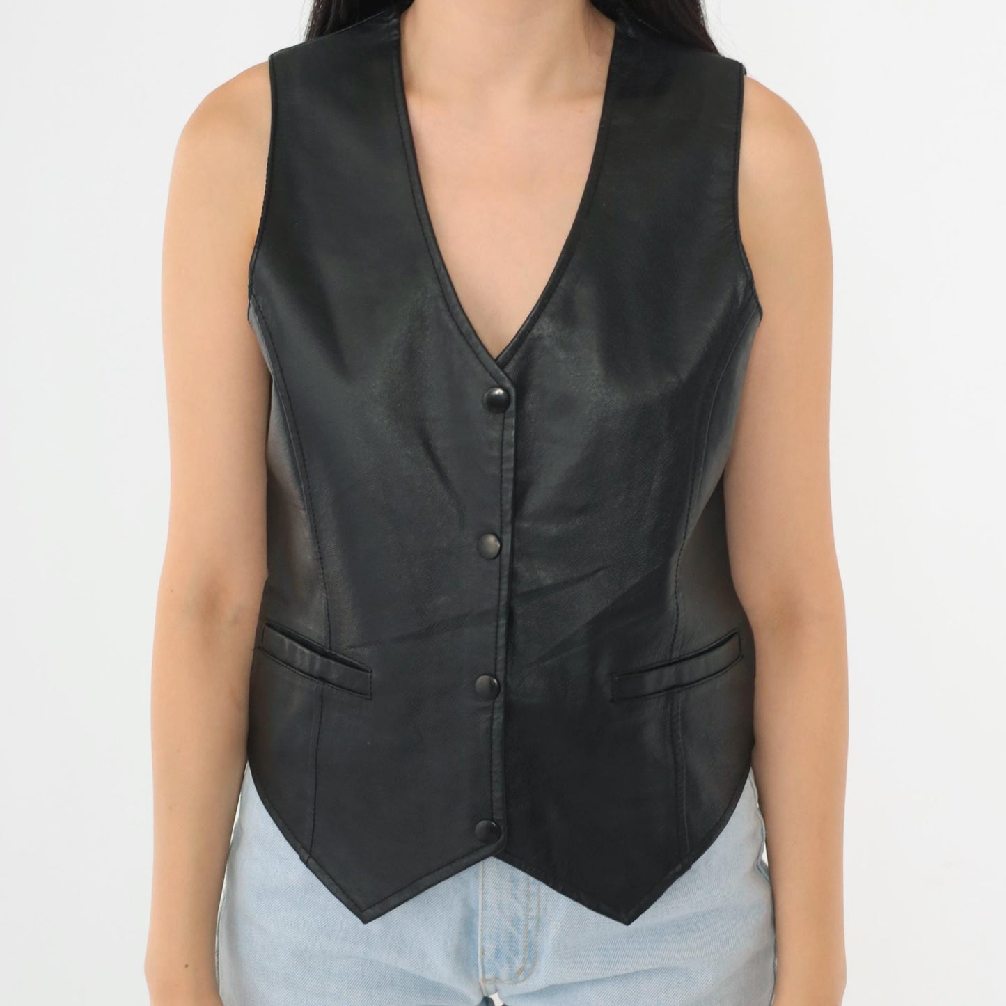 90s Black Leather Vest Snap Button Sleeveless Top Extra Small