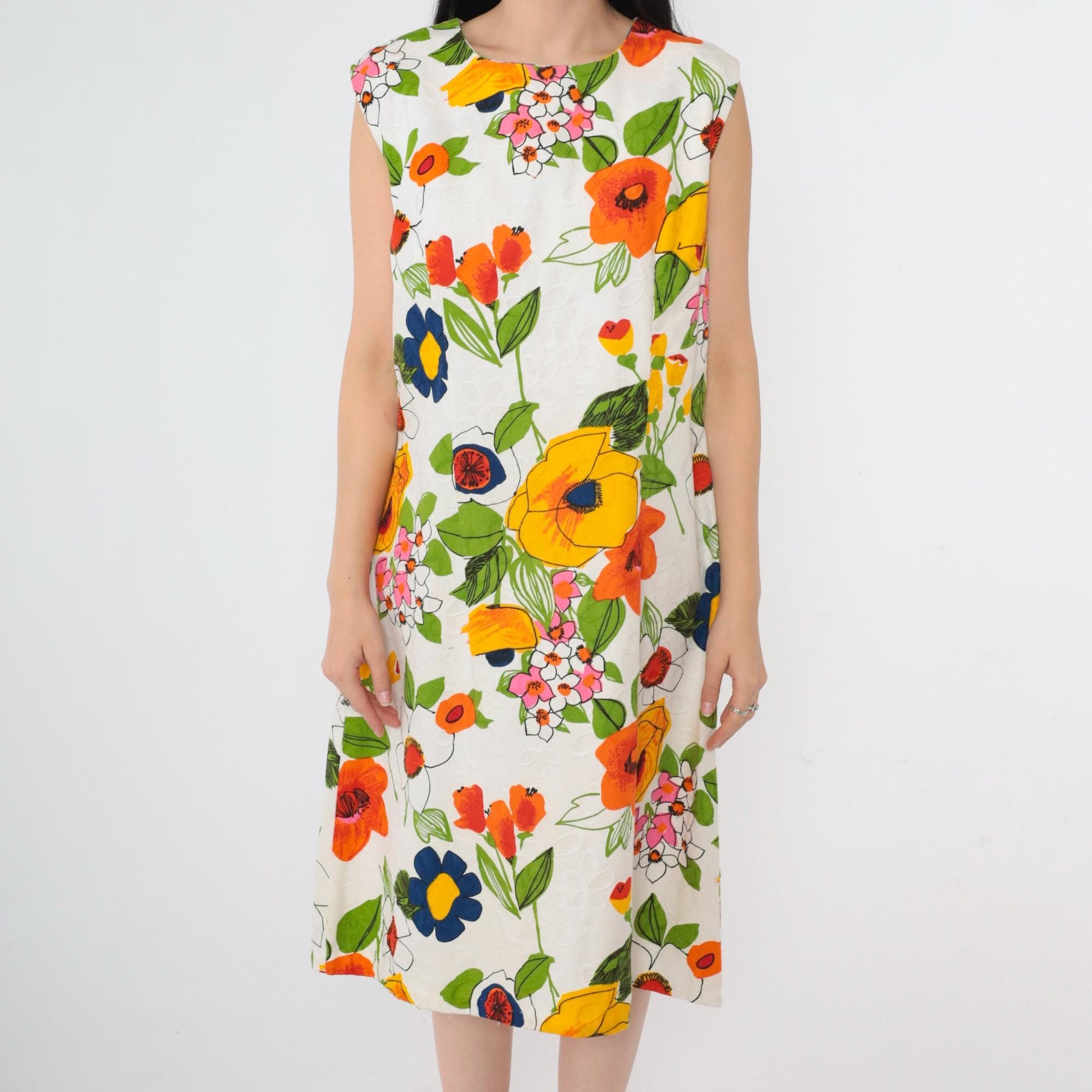 1960s Mod Floral A-Line Dress White Yellow Orange Green Sleeveless Large