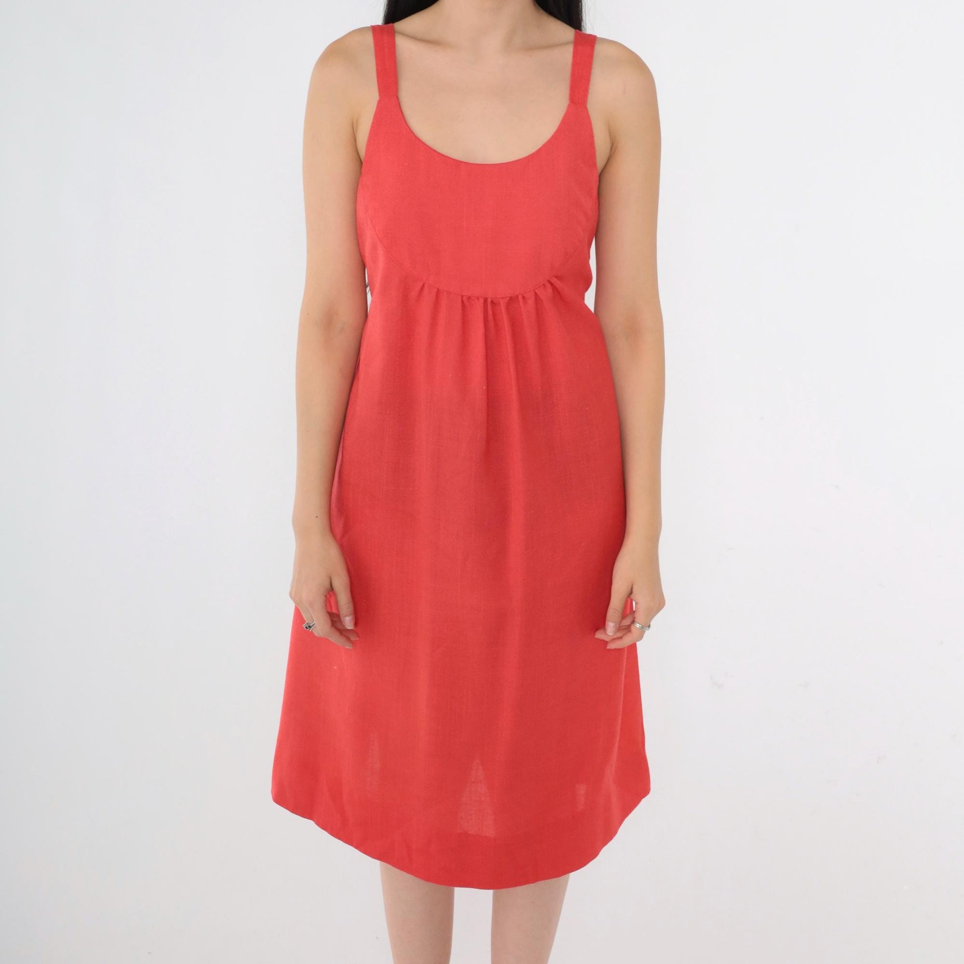 70s Red Empire Waist Sundress Tank Strap Scoop Neck Pockets Small