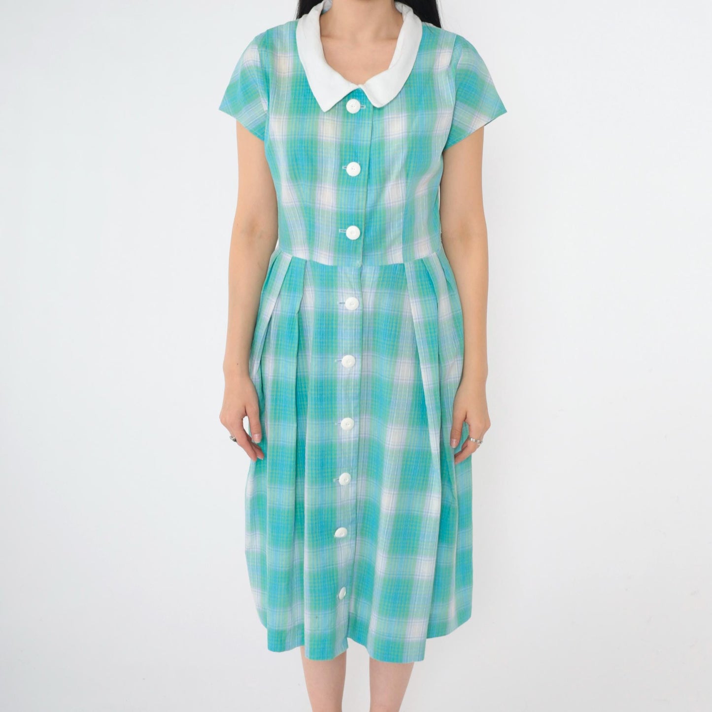 60s Plaid Button-Up Shirtdress High Waist Midi Blue Green Small S
