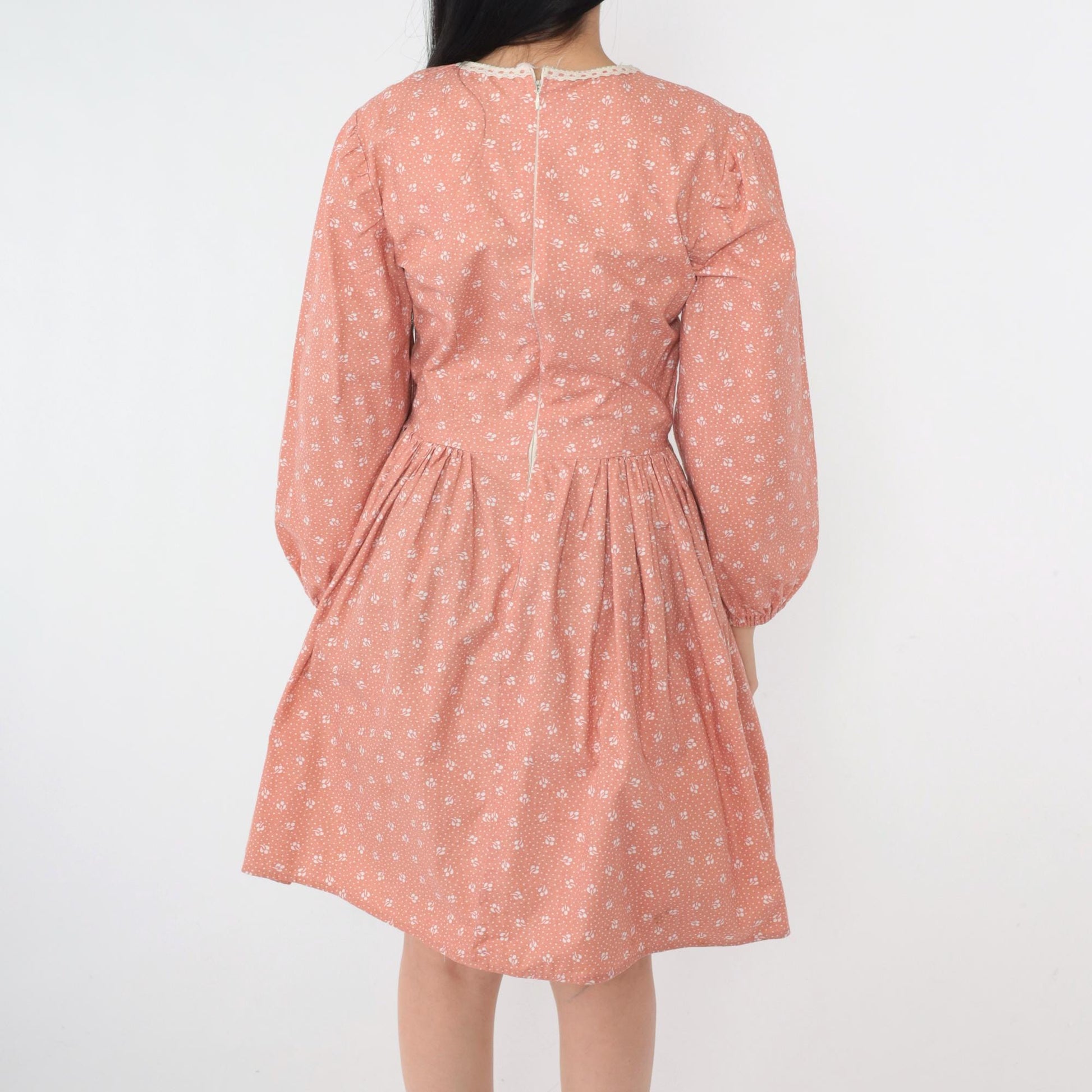 70s Peach Calico Floral Mini Dress Puff Sleeve High Waist Small