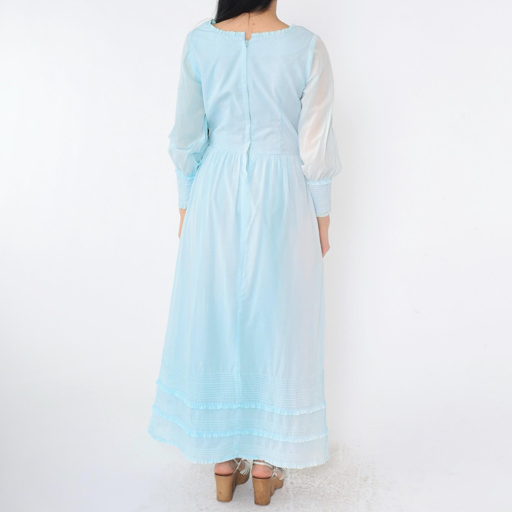 1970s Baby Blue Maxi Dress High Waist Scoop Neck Long Sleeve Ruffled Small