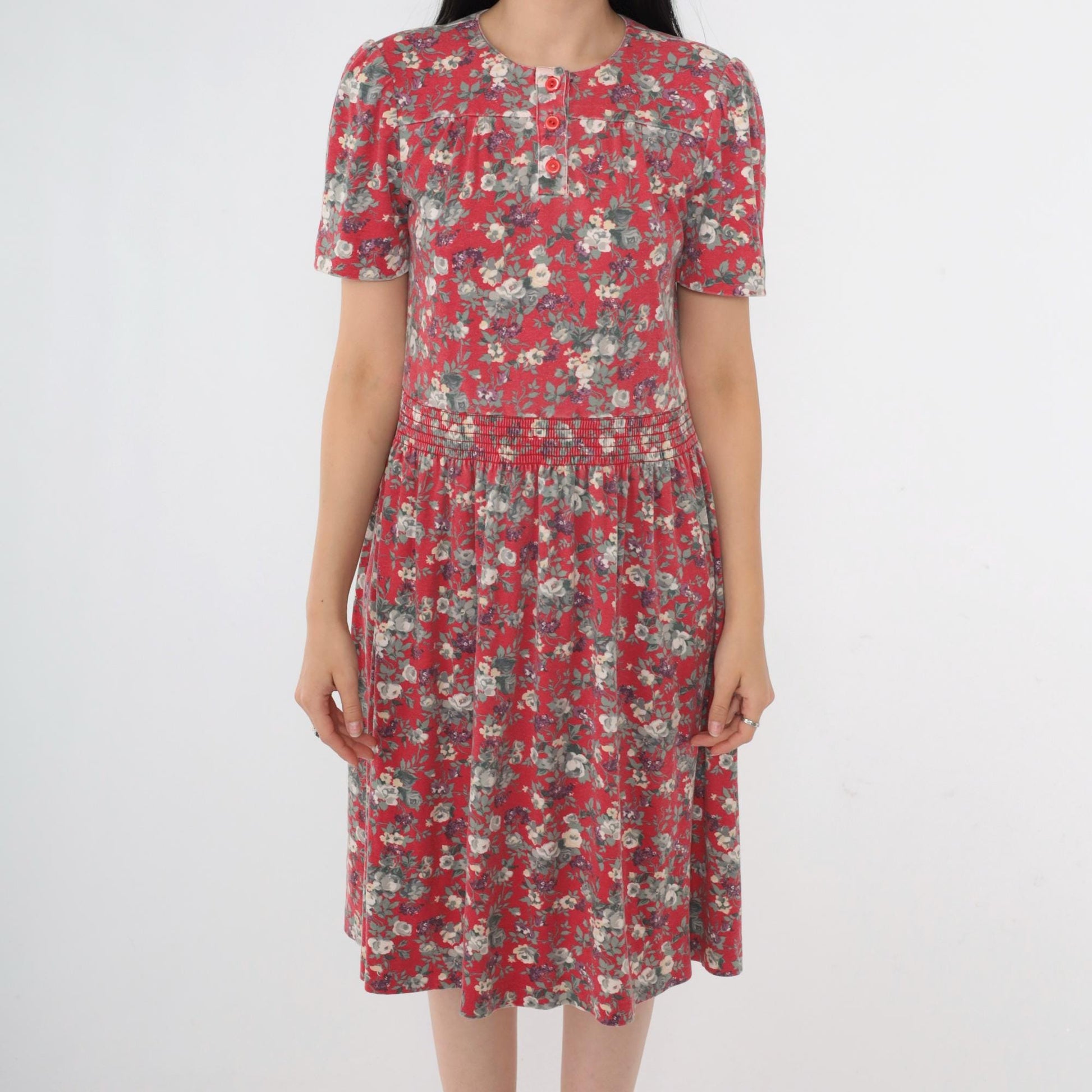 80s Red Floral Midi Dress Puff Sleeve Smocked Waist Extra Small