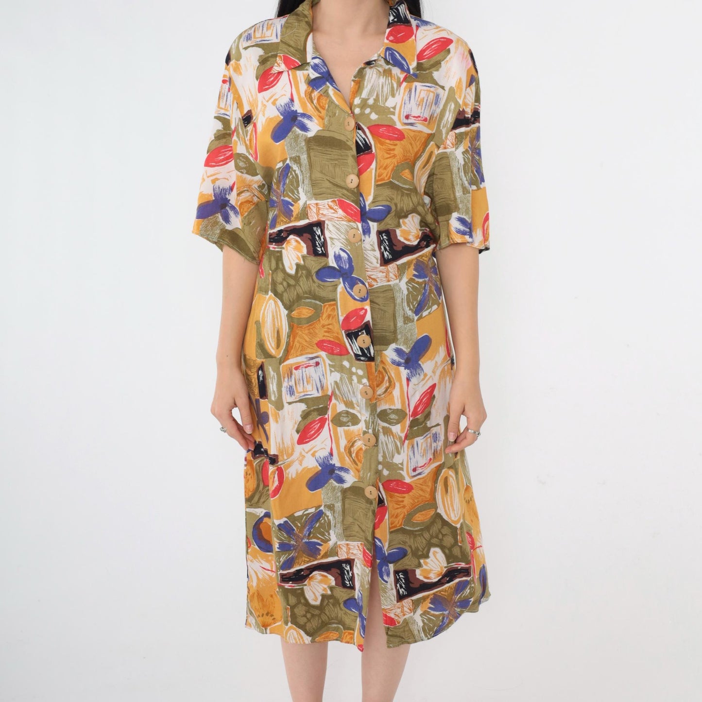 90s Abstract Floral Midi Shirt Dress Button Up Rayon Olive Green Yellow Large