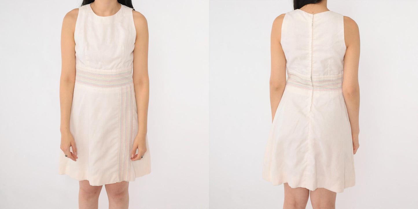 60s Mod Striped Mini Dress White Pastel High Waist Sleeveless A-Line Extra Small