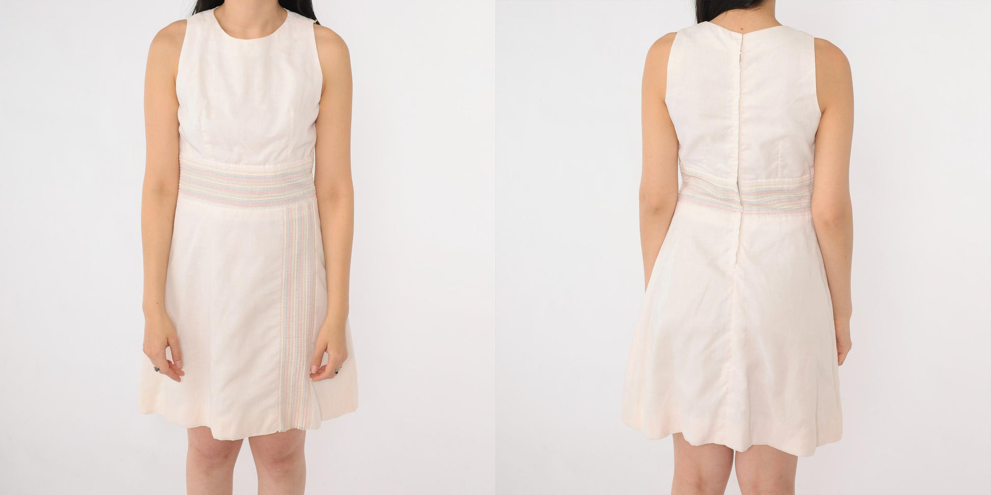 60s Mod Striped Mini Dress White Pastel High Waist Sleeveless A-Line Extra Small