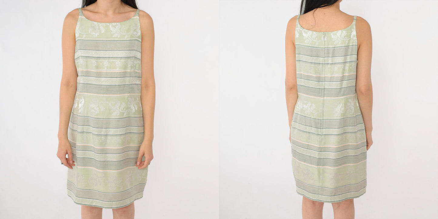 Y2K Fashion Bug Jacquard Mini Dress Light Green Floral Striped Sheath Medium