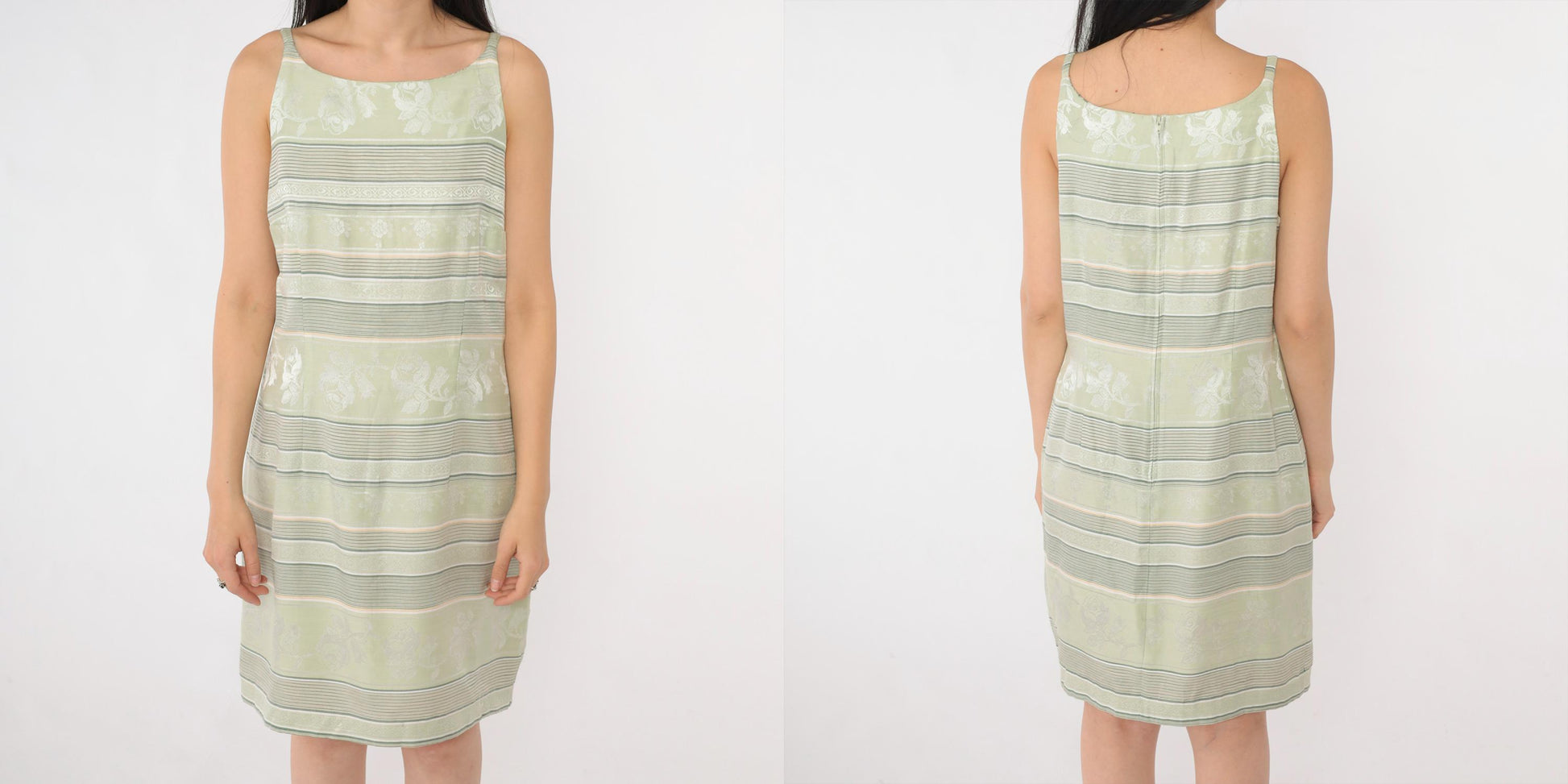 Y2K Fashion Bug Jacquard Mini Dress Light Green Floral Striped Sheath Medium