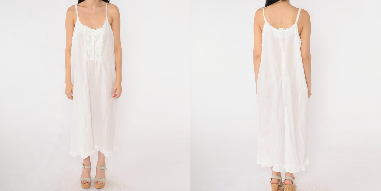 90s Laura Ashley White Cotton Nightgown Pintuck Lace Spaghetti Strap Large