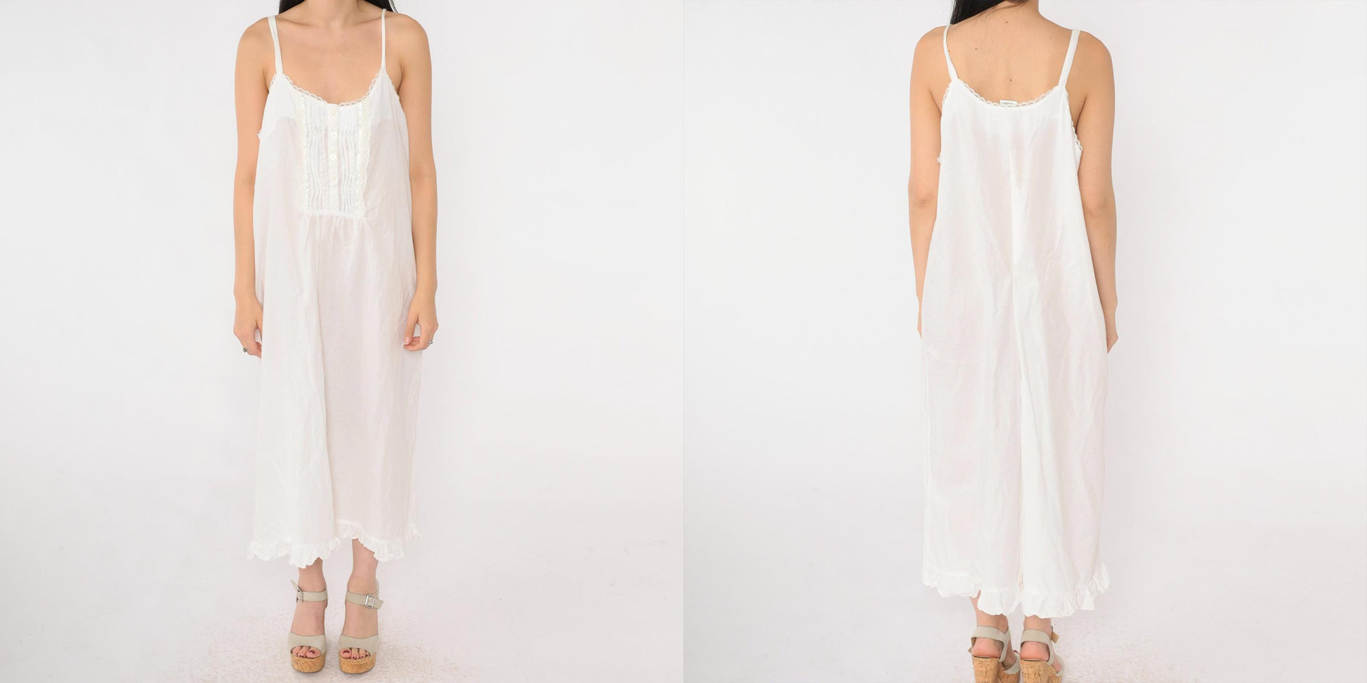 90s Laura Ashley White Cotton Nightgown Pintuck Lace Spaghetti Strap Large