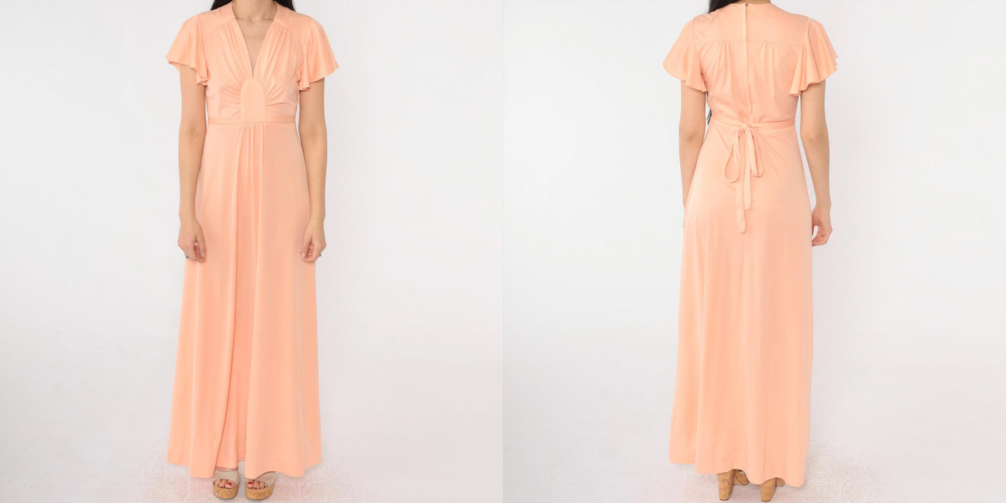 70s Peach Grecian Maxi Dress Flutter Sleeve V-Neck High Waist Small