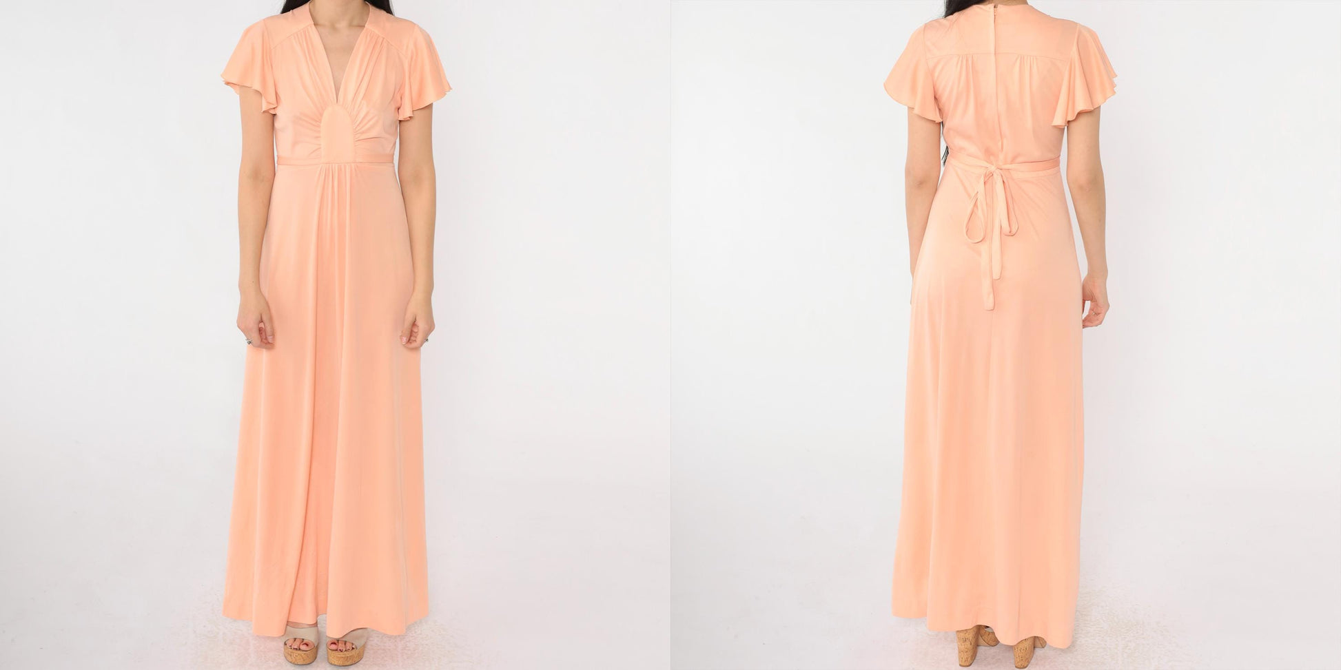 70s Peach Grecian Maxi Dress Flutter Sleeve V-Neck High Waist Small