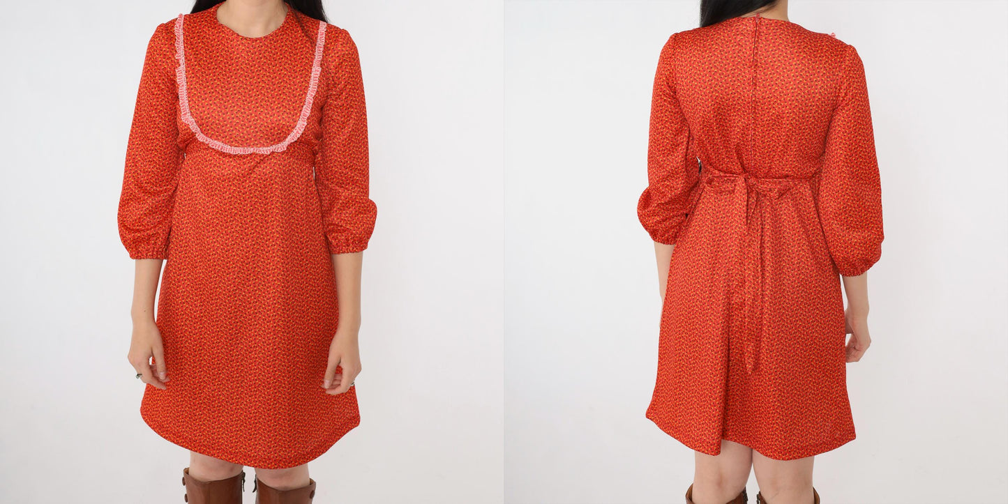 70s Red Calico Floral Empire Waist Mini Dress Lace Bib 3/4 Sleeve Extra Small