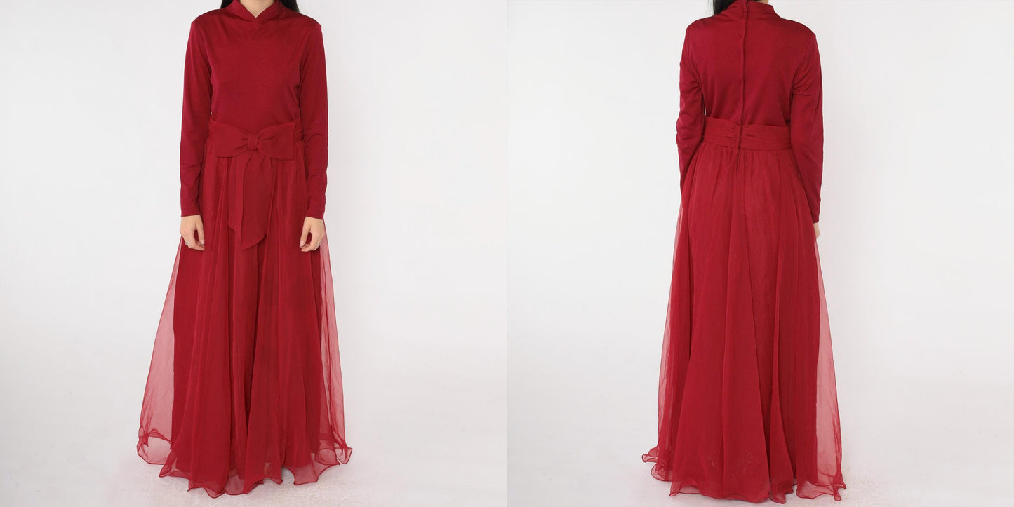 70s Burgundy Chiffon Maxi Dress Bow Waist Long Sleeve Small