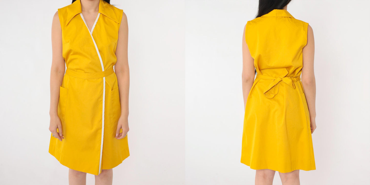 70s Yellow Shift Dress White Trim V-Neck Wrap Mini Sleeveless Small