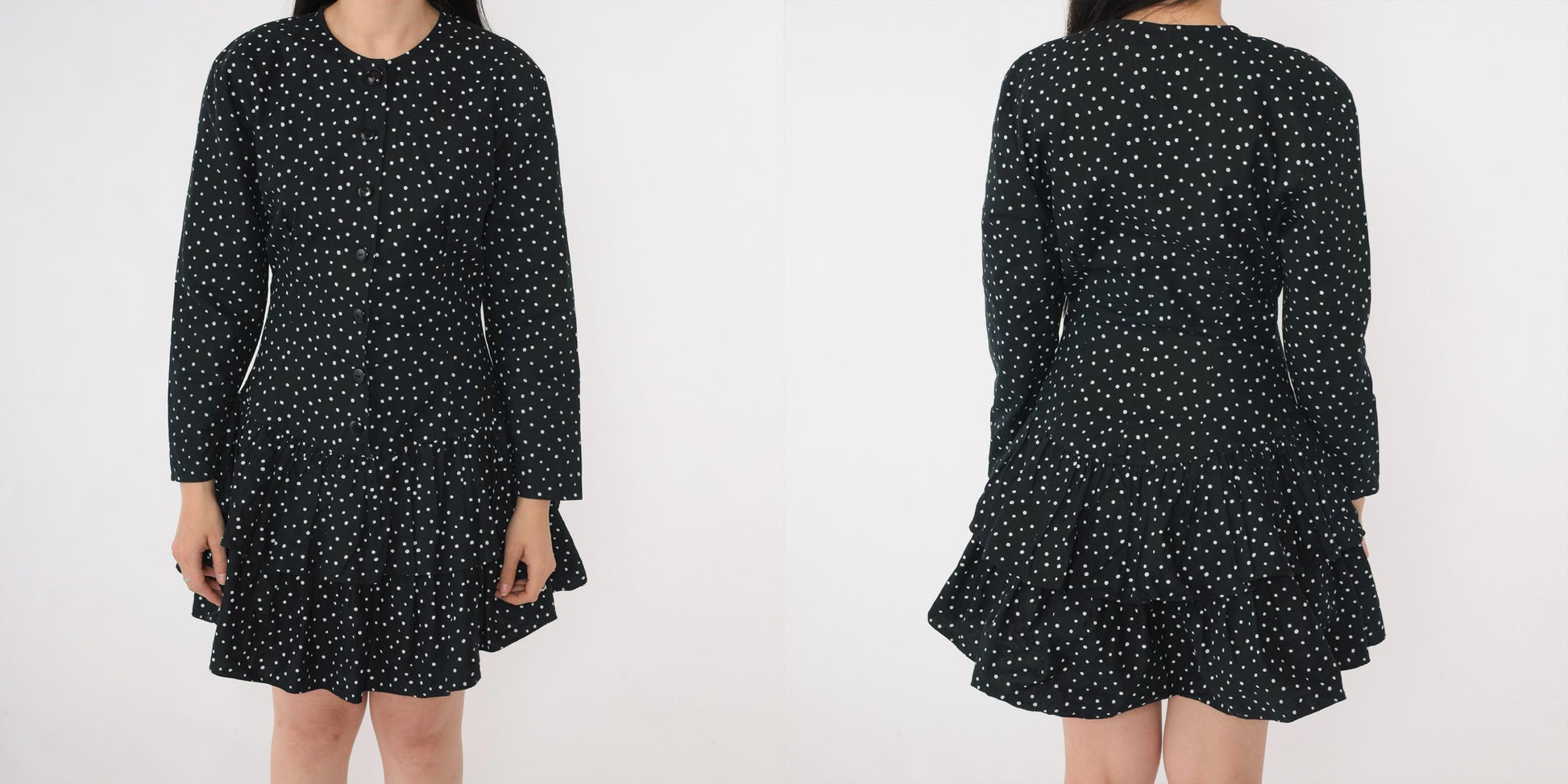 80s Black Polka Dot Mini Dress Button-Up Long Sleeve Tiered Ruffle Small