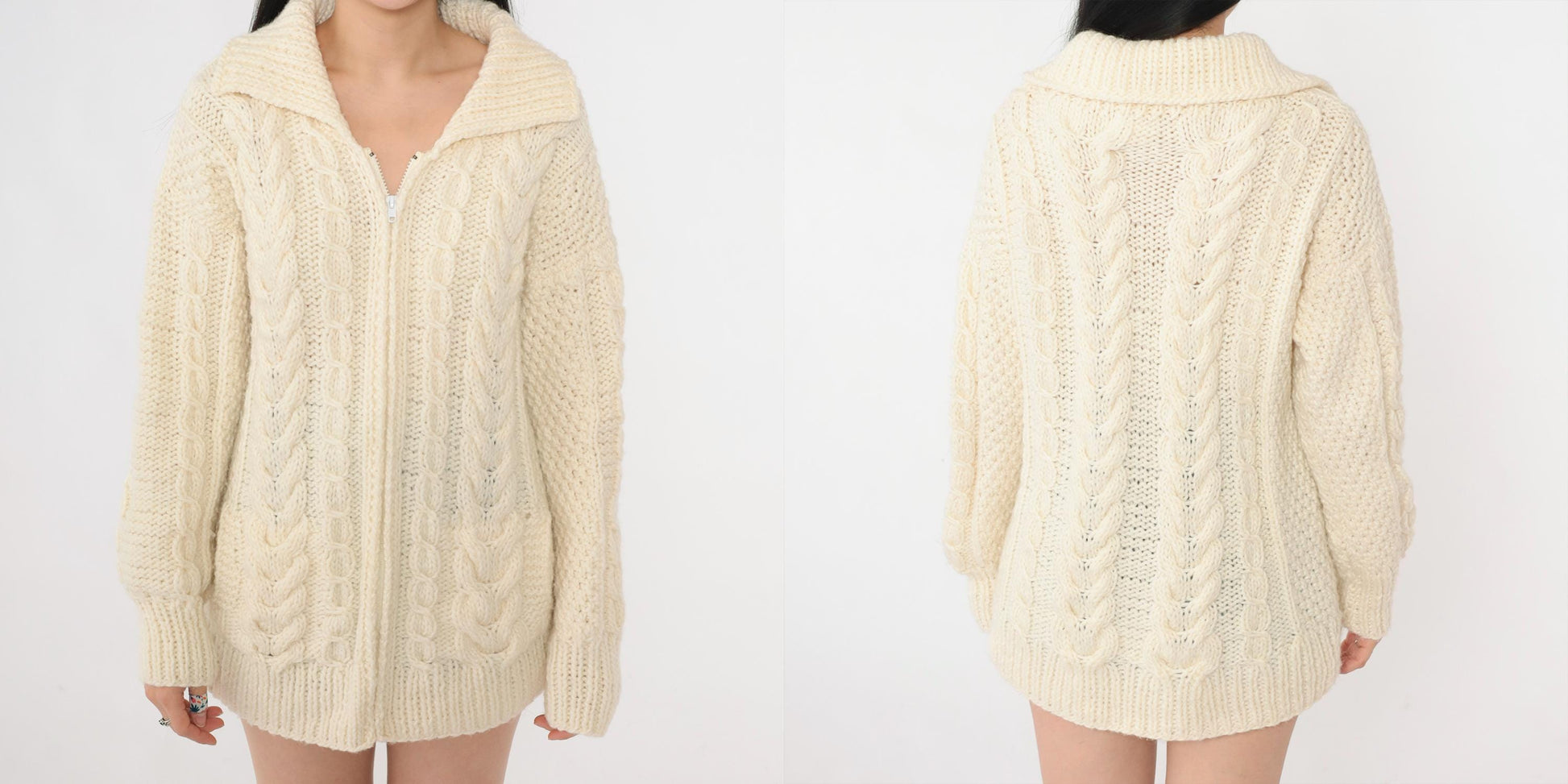 90s Cable Knit Zip Cardigan Cream Wool Sweater Medium M