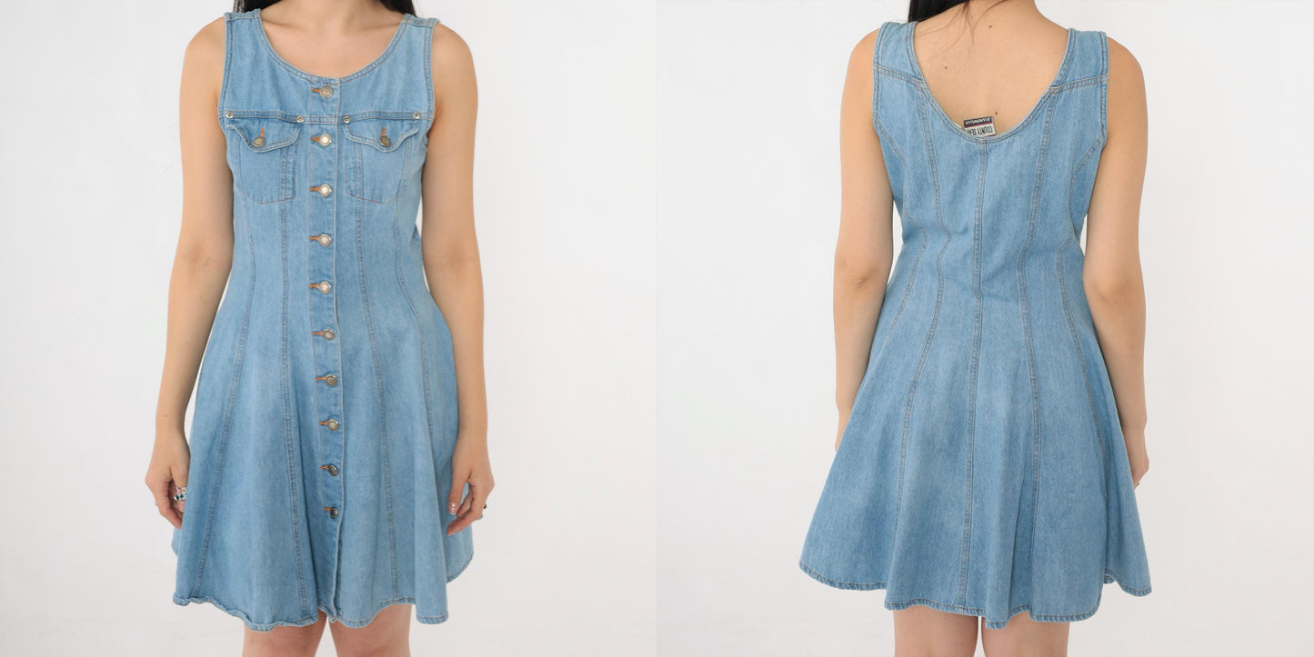 90s County Seat Denim Mini Dress Blue Button-Up Sleeveless Small S