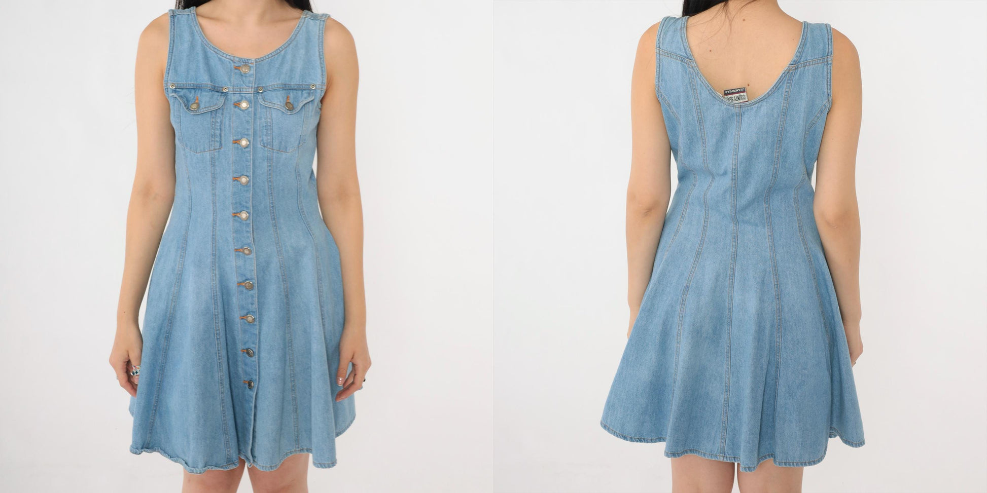 90s County Seat Denim Mini Dress Blue Button-Up Sleeveless Small S