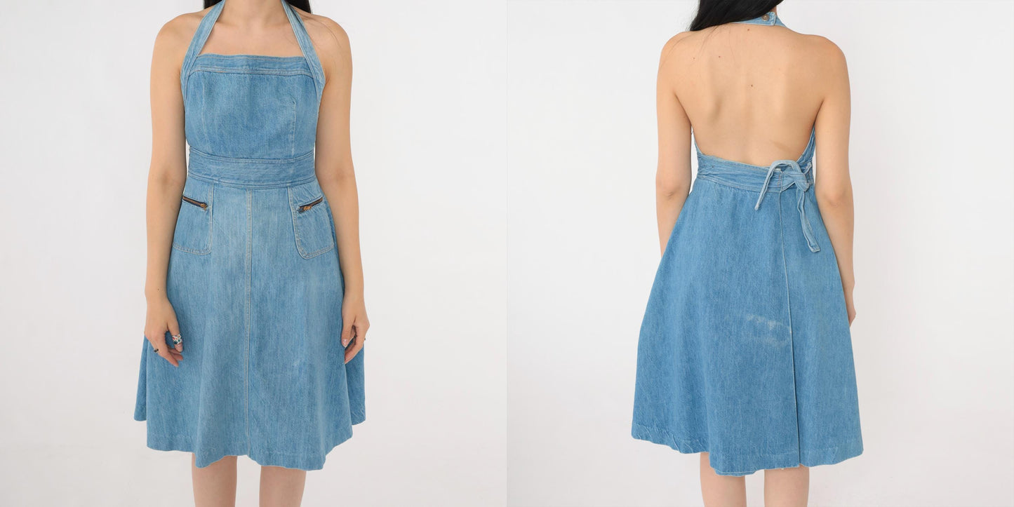 70s Denim Halter Dress Light Wash Backless Apron Front Midi Knee Length XS
