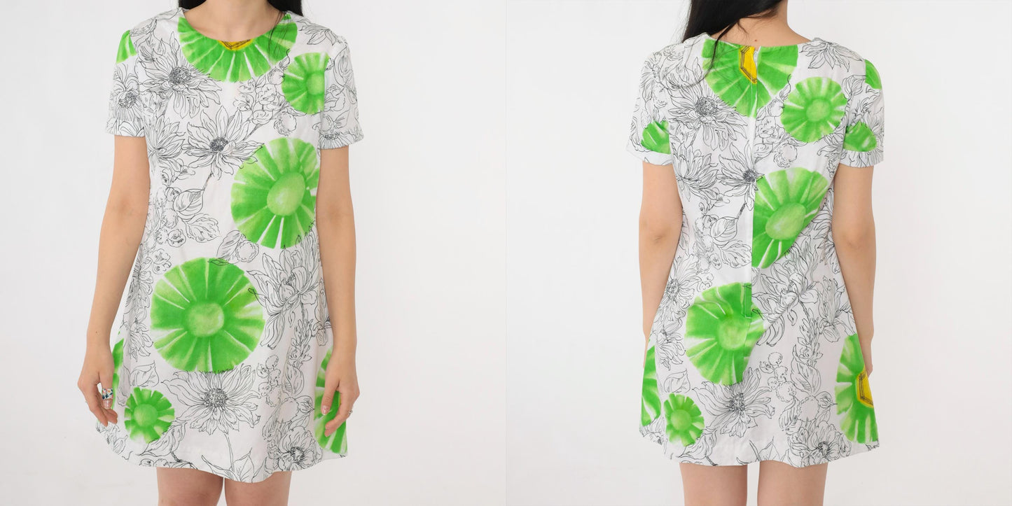 90s White Floral Mini Dress Green Black Graphic Short Sleeve Shift Small S