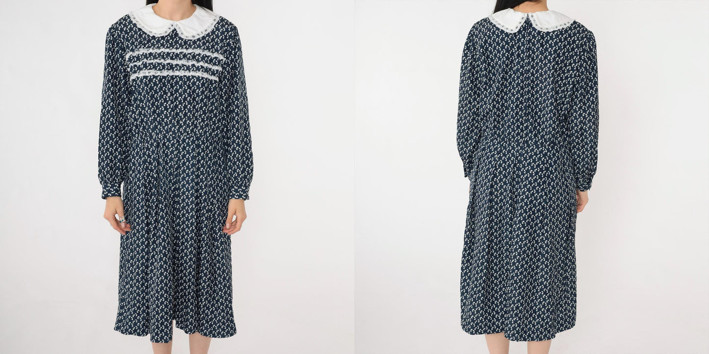 80s Navy Bow Print Midi Dress Peter Pan Collar Lace Trim Long Sleeve Medium Large