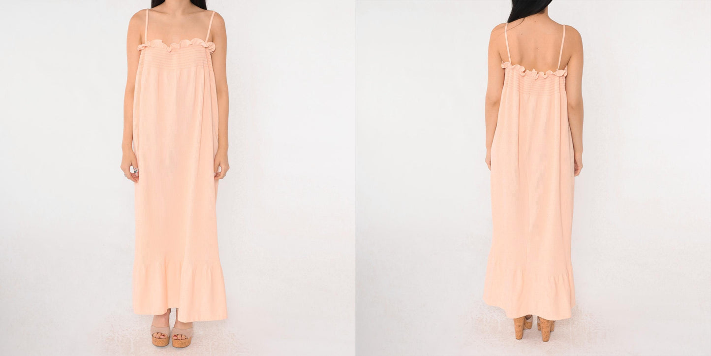 70s Peach Maxi Sundress Smocked Knife Pleated Spaghetti Strap Small Medium