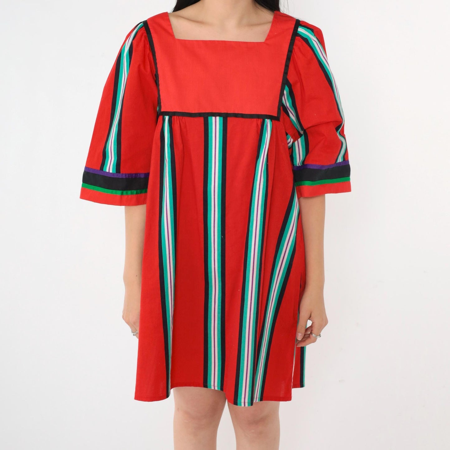 70s Liberty House Hawaiian Mini Dress Red Striped Tent Cut Medium
