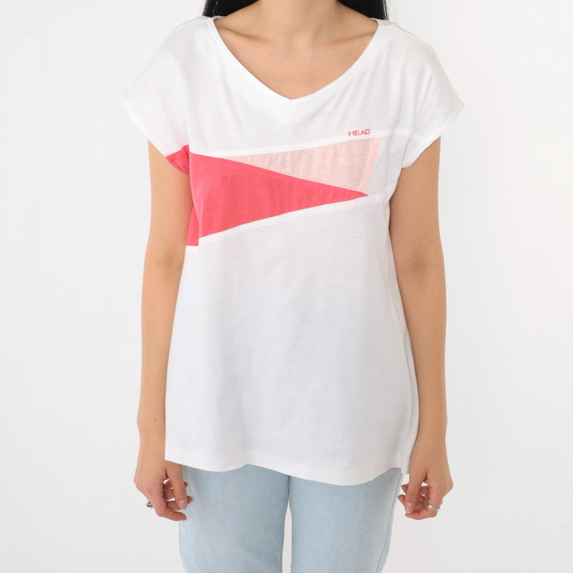 80s Head Tennis T-Shirt White Pink Colour Block V-Neck Medium M