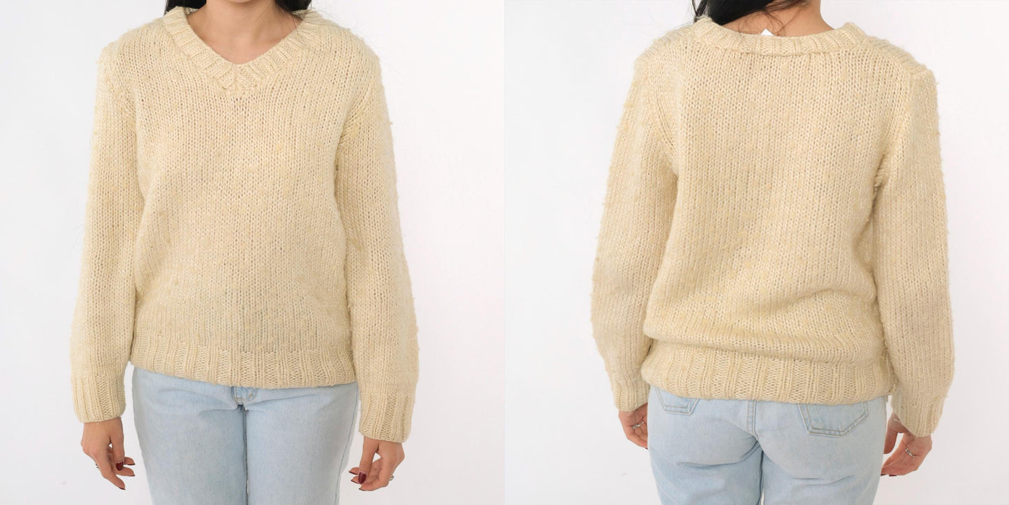 80s Cream Slub Knit V-Neck Sweater Pullover Medium M